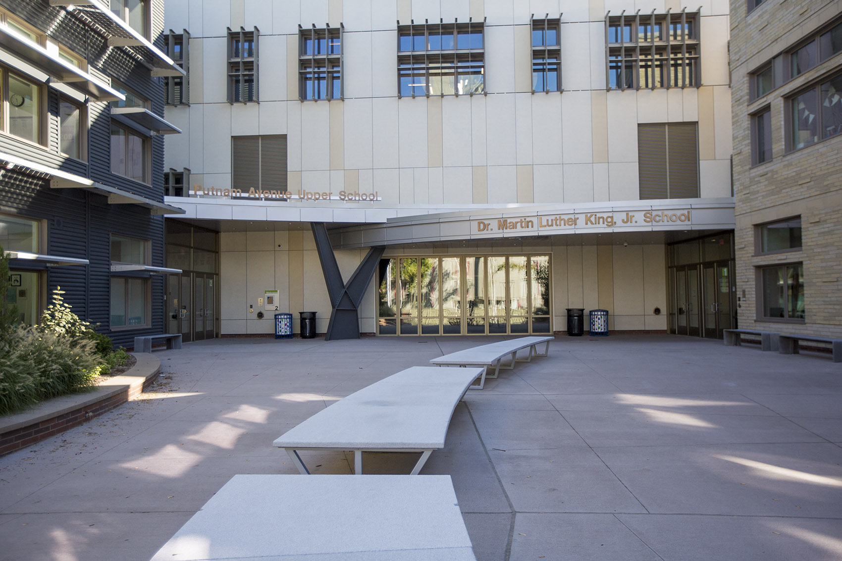 The front entrance of the Putnam Avenue Upper School, which shares a campus but is separate from the Martin Luther King Jr. School in Cambridge. (Jesse Costa/WBUR)