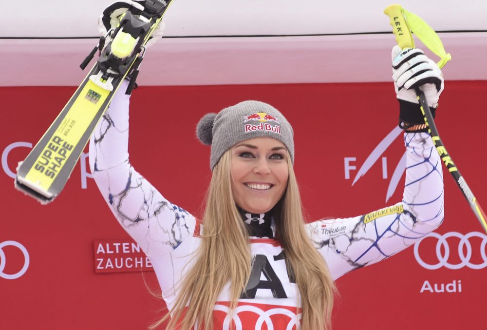 Lindsey Vonn celebrates after winning an alpine ski, women's World Cup in Austria in January. (Pier Marco Tacca/AP)
