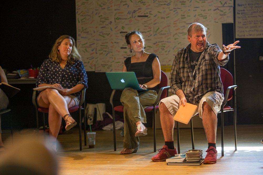 David Gammons kicks off his workshop by asking teachers to offer an image that evokes &quot;Hamlet&quot; for them. With him are Mara Sidmore of Actors' Shakespeare Project, center, and Kelly Ryll, an instructional coach with the Department of Youth Services. (Jesse Costa/WBUR)