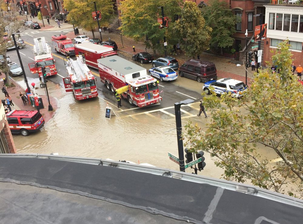 The scene of the water main break Friday in the South End (Elizabeth Moses via Twitter)