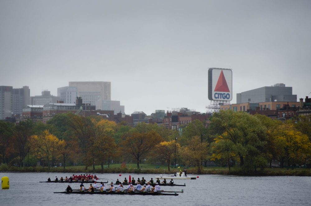 Boats gather by the starting line for the Head of the Charles. (Elizabeth Gillis/WBUR)