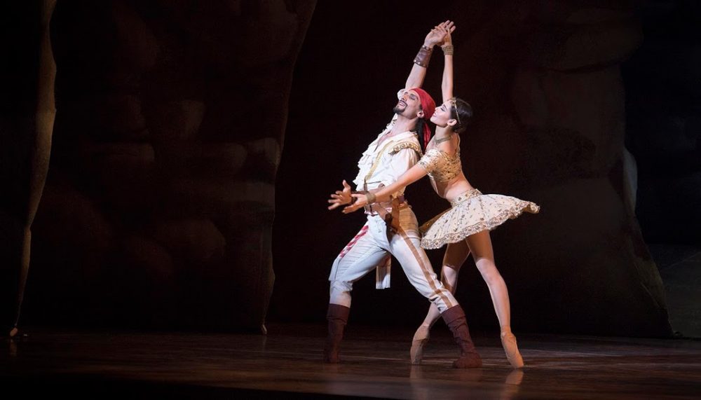 Lasha Khozashvili as Conrad and Seo Hye Han as Medora enjoy their escape at the corsair's hideaway, in the Boston Ballet's production of &quot;Le Corsaire.&quot; (Robin Lubbock/WBUR)
