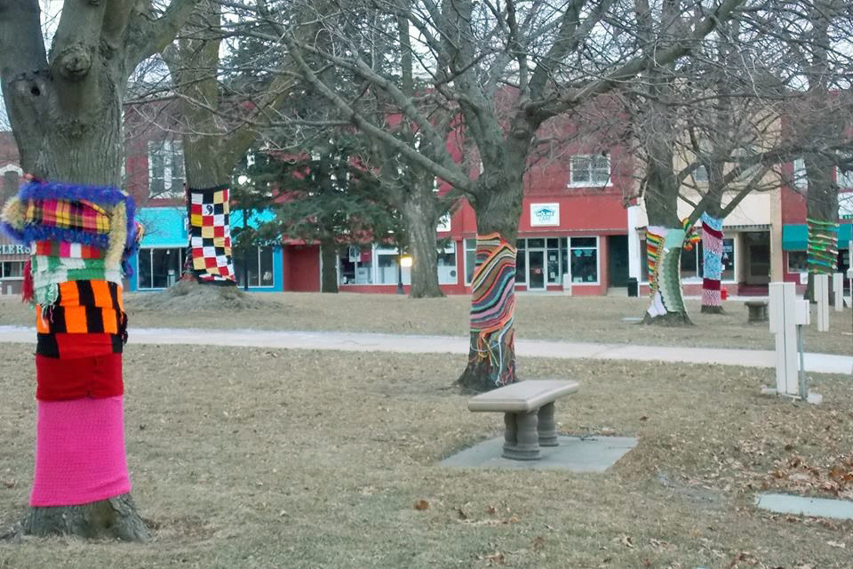 Trees in Jefferson, Iowa after a &quot;yarn bombing&quot; event. (Courtesy Jefferson Matters: Main Street)