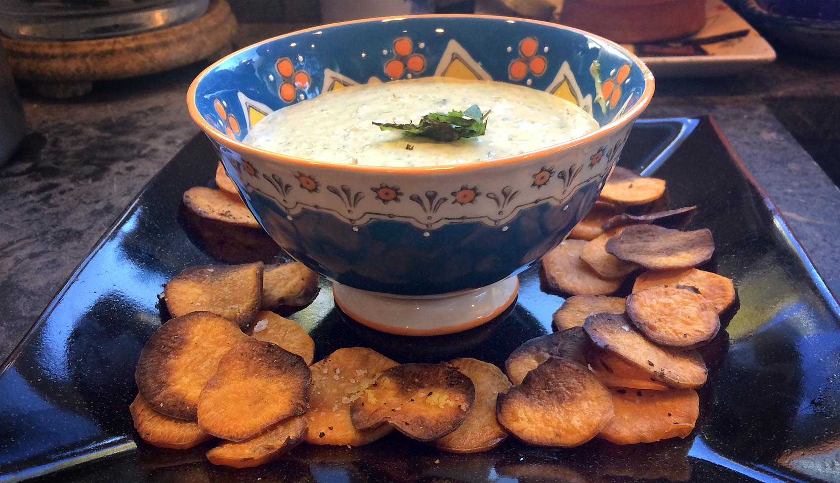 Kathy's green herb tahini dip for sweet potato chips. (Kathy Gunst for Here &amp; Now)