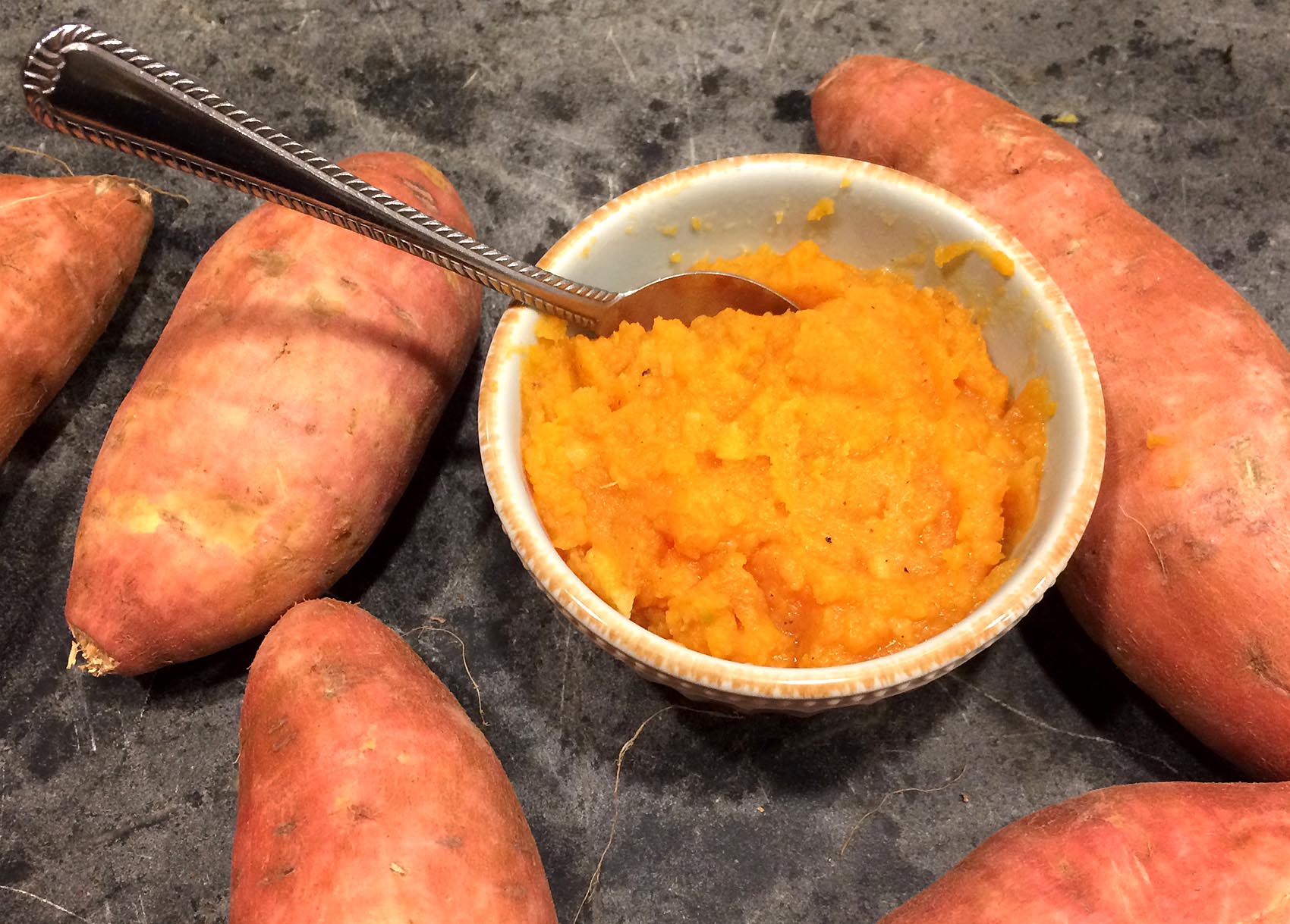 Kathy's sweet potato puree with maple, ginger, nutmeg and apple cider. (Kathy Gunst for Here &amp; Now)
