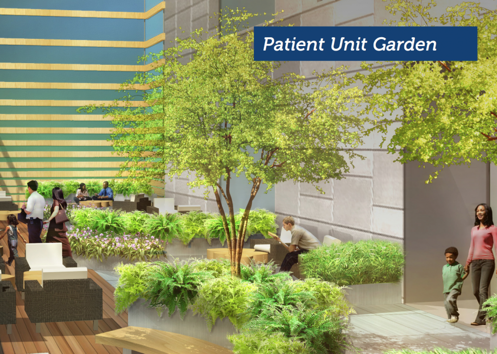 One of the interior “green spaces.&quot; Hospital executives say many patients can’t go outdoors to the existing Prouty Garden because of their medical conditions, so interior gardens will give them greater access to green space. (Courtesy Boston Children's Hospital)
