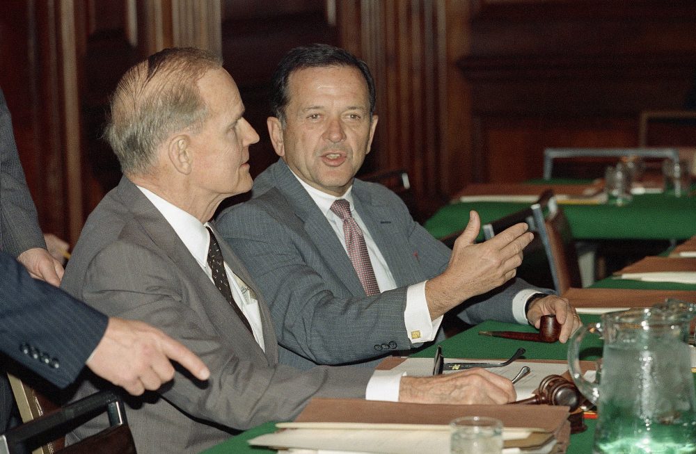 Sen. Ted Stevens (R-Alaska), right, speaks with Sen. William Proxmire (D-Wis.), during a meeting of budget conferees on Capitol Hill in Washington, on Dec. 22, 1987. The conferees decided to remove the &quot;Fairness Doctrine&quot; from the budget bill, one of the obstacles preventing the passage of the bill. (Doug Mills/AP)