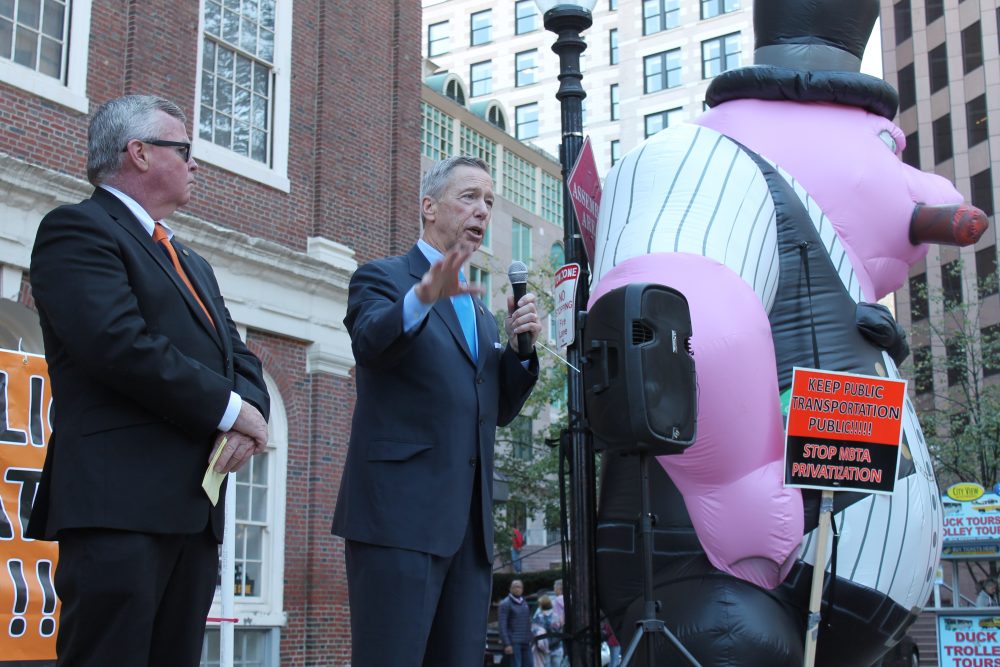 Congressman Stephen Lynch blasted efforts to privatize public transportation at a Wednesday rally. (Antonio Caban/SHNS)