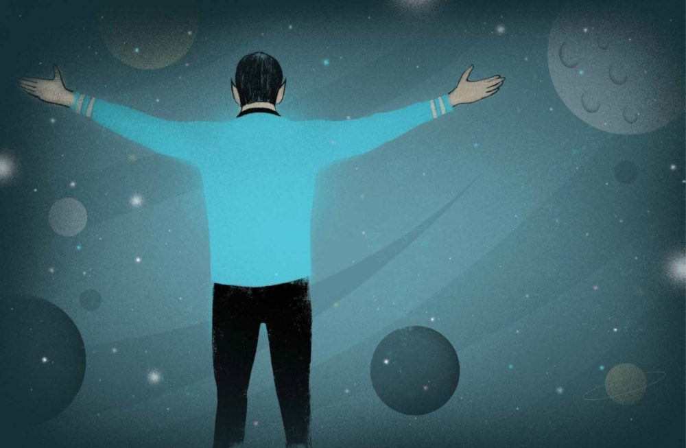 An illustration of Spock with his arms outstretched from Richard Michelson and Edel Rodriquez's new children's book. (Courtesy)