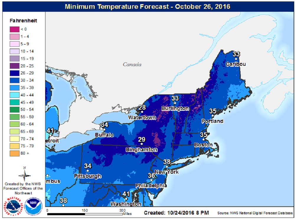 Temperatures will fall below freezing in many areas Wednesday morning (Courtesy:NOAA)