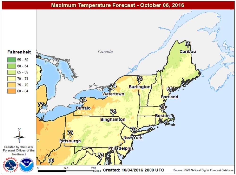 Thursday&#039;s highs will likely surpass 70 in many places. (Courtesy NOAA)