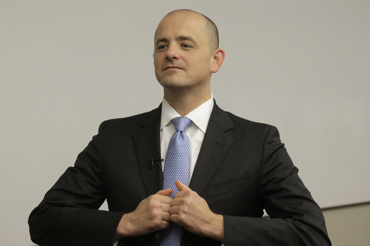 In this Aug. 27, 2016 file photo, independent presidential candidate Evan McMullin, participates in a staff meeting near Salt Lake City. (Rick Bowmer/AP)