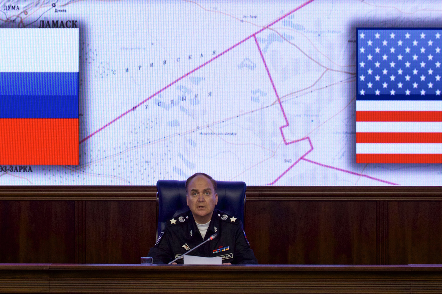 Russian Deputy Defense Minister Anatoly Antonov speaks at a briefing in the Defense Ministry in Moscow, Russia. (Ivan Sekretarev/AP)