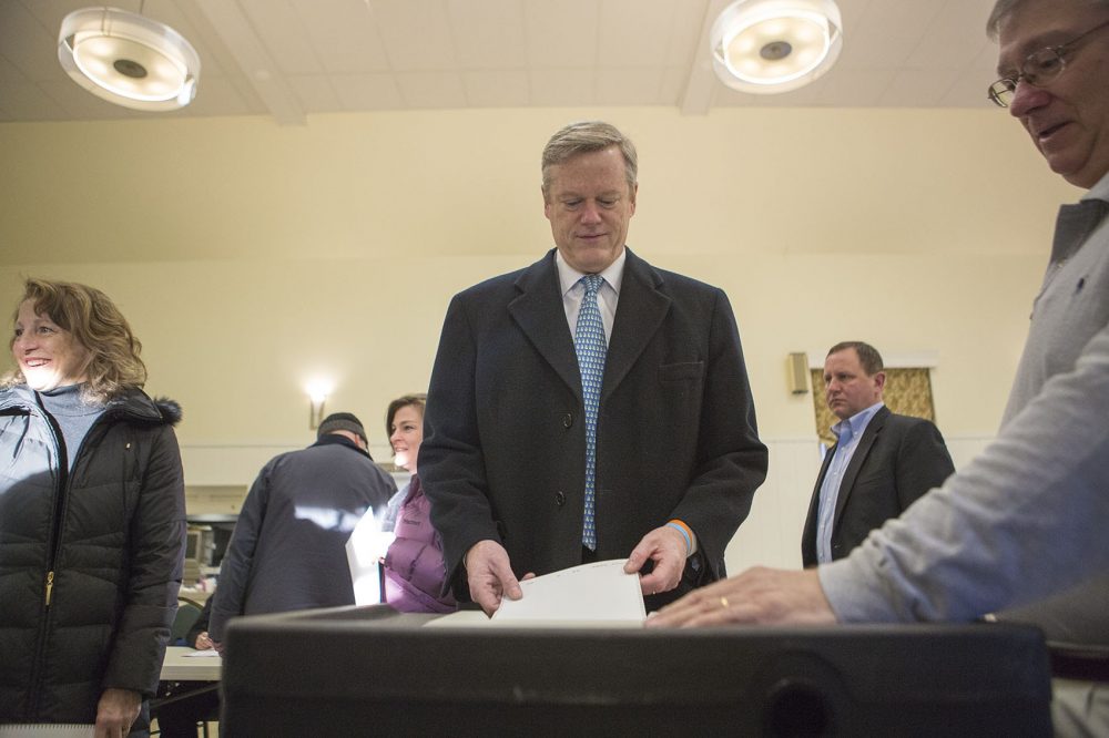 Massachusetts Gov. Charlie Baker casts his vote in the Republican primary in March. (Jesse Costa/WBUR)