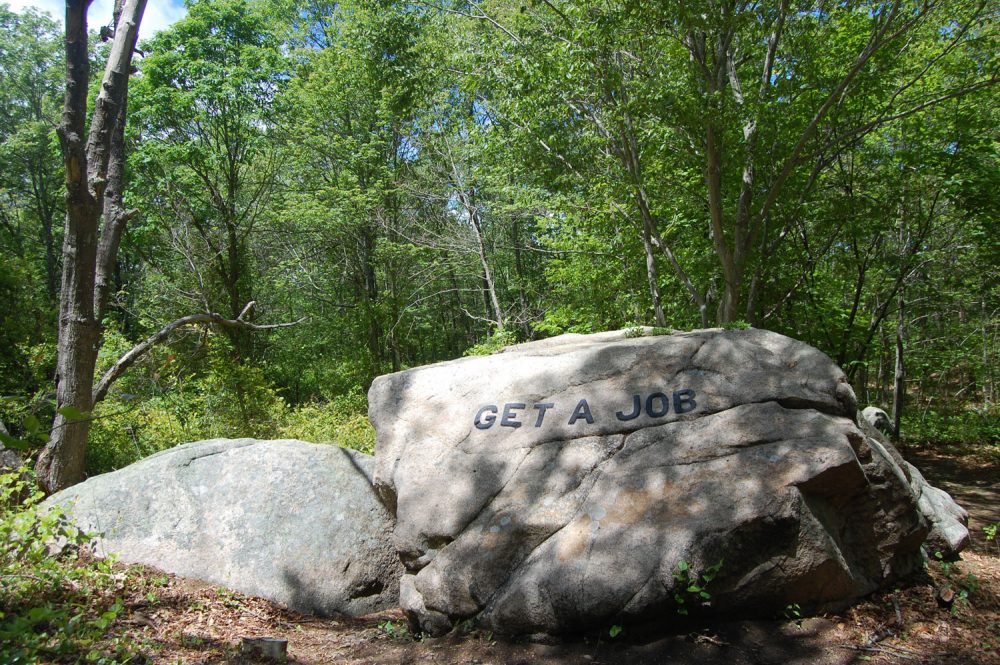 &quot;Get a job&quot; boulder in Gloucester's Dogtown woods. (Greg Cook/WBUR)