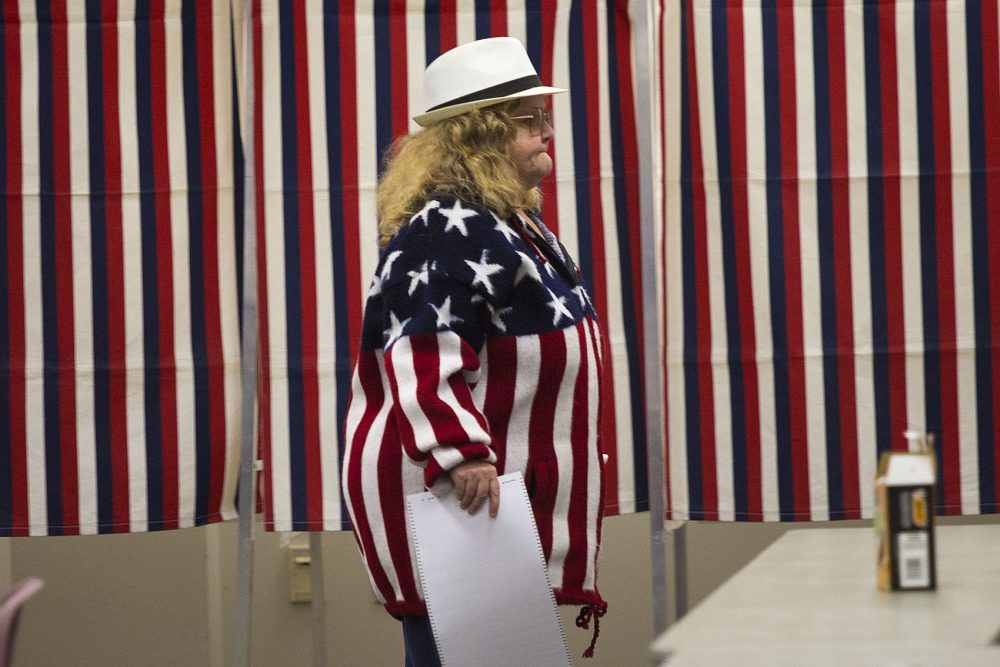 Sporting a very patriotic jacket, life-long Manchester resident Karen McAllister casts her ballot. (Jesse Costa/WBUR)