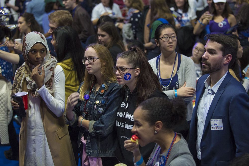 Clinton supporters at Wellesley College watch as results are tallied. (Jesse Costa/WBUR)