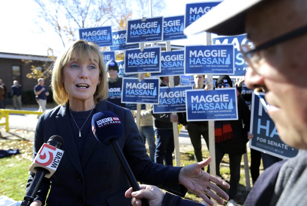 N.H. Sen. Maggie Hassan speaks to media outside a polling place in Portsmouth, N.H. during a previous campaign. (Elise Amendola/AP)