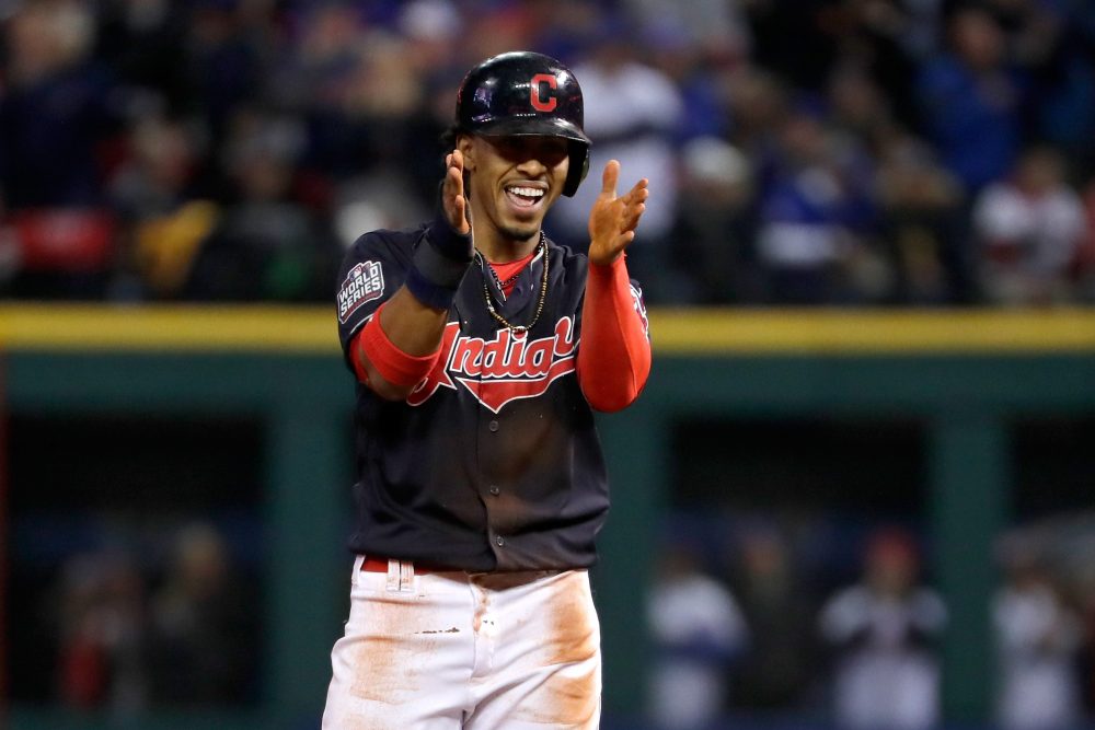 Francisco Lindor of the Cleveland Indians celebrates after stealing a base -- and winning free tacos. (Jamie Squire/Getty Images)