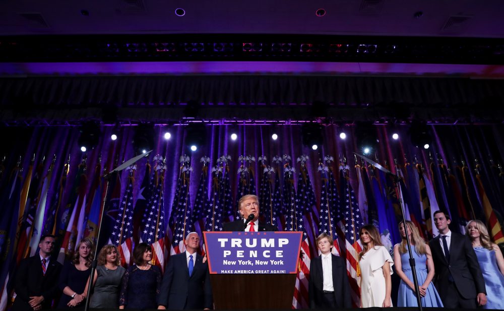 Republican president-elect Donald Trump delivers his acceptance speech during his election night event at the New York Hilton Midtown in the early morning hours of Nov. 9, 2016 in New York. (Chip Somodevilla/Getty Images)