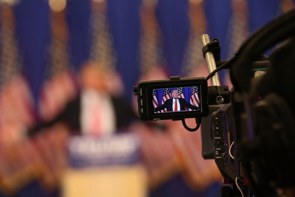 Republican presidential candidate Donald Trump seen in a television camera's viewfinder during a press conference at the Trump National Golf Club Jupiter on March 8, 2016 in Jupiter, Fla. (Joe Raedle/Getty Images)