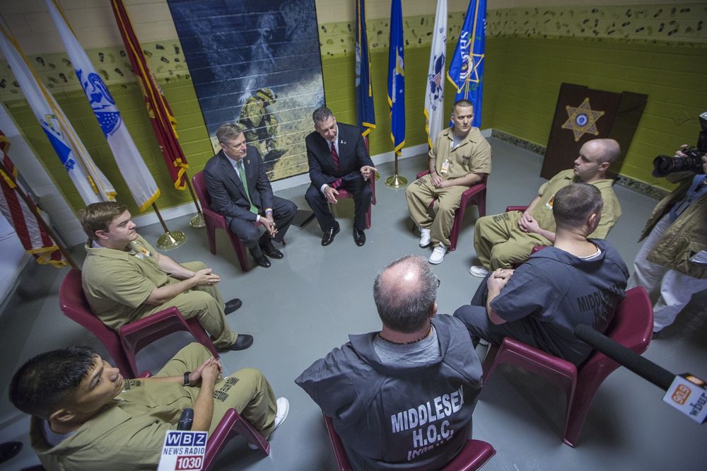 The Housing Unit for Military Veterans (HUMV) opened at the Middlesex County House of Corrections in January. Governor Charlie Baker and Middlesex Sheriff Peter J. Koutoujian conducted a round table discussion with a group of six incarcerated veterans from the unit. (Jesse Costa/WBUR)