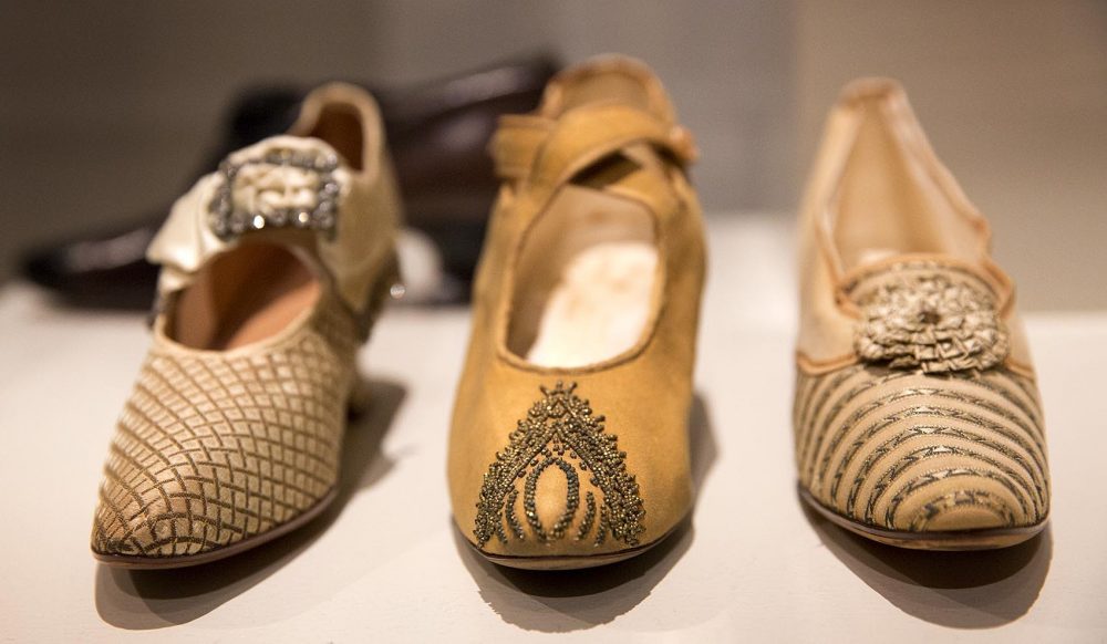 Shoes from around 1892-93, made in Haverhill, on display at the PEM. (Robin Lubbock/WBUR)