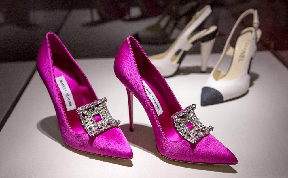 Manolo Blahnik's &quot;Borlak,&quot; made of silk, crystals and leather. (Robin Lubbock/WBUR)