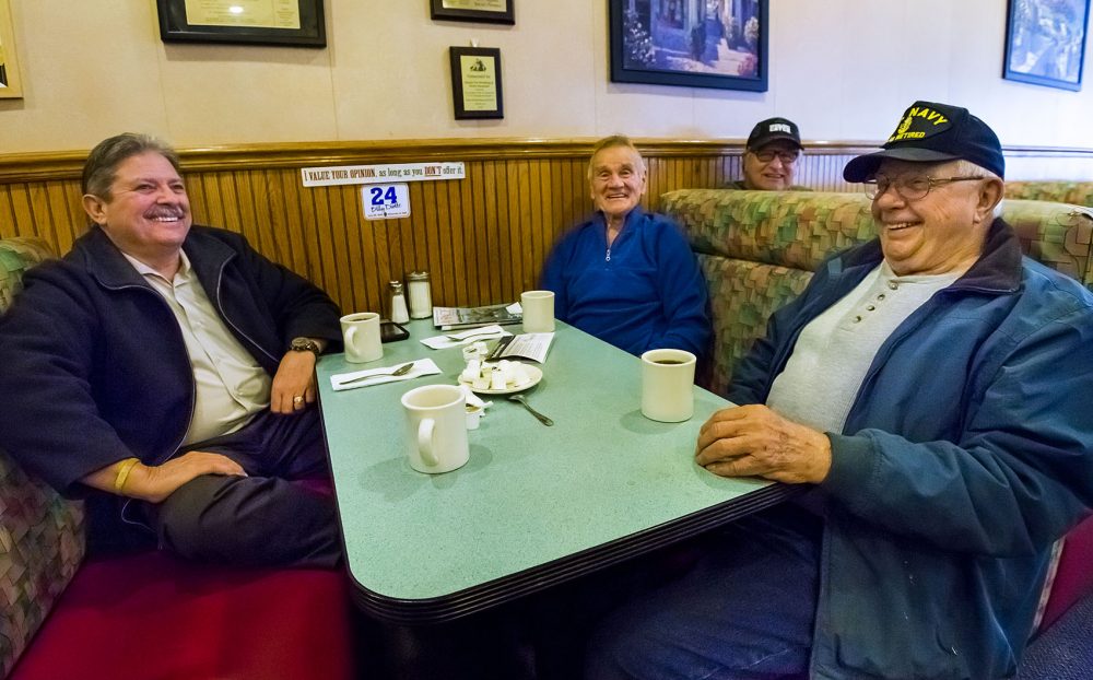 From left: Steve Castinetti, Charlie Thomas and Jack Klecker sit and chat about politics over breakfast at Hammersmith in Saugus. (Jesse Costa/WBUR)