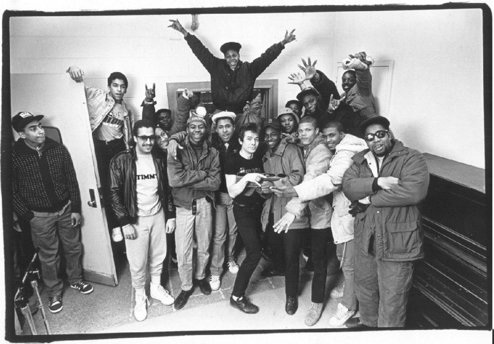 Magnus Johnstone (center) and friends at WMBR in Cambridge, c. spring 1986. (Courtesy Massachusetts Hip-Hop Archive)
