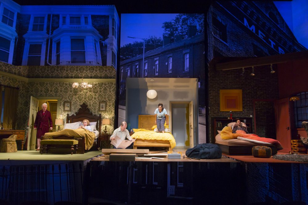 The three bedrooms of &quot;Bedroom Farce,&quot; on stage at the BU Theatre. (Courtesy T. Charles Erikson/Huntington Theatre Company)