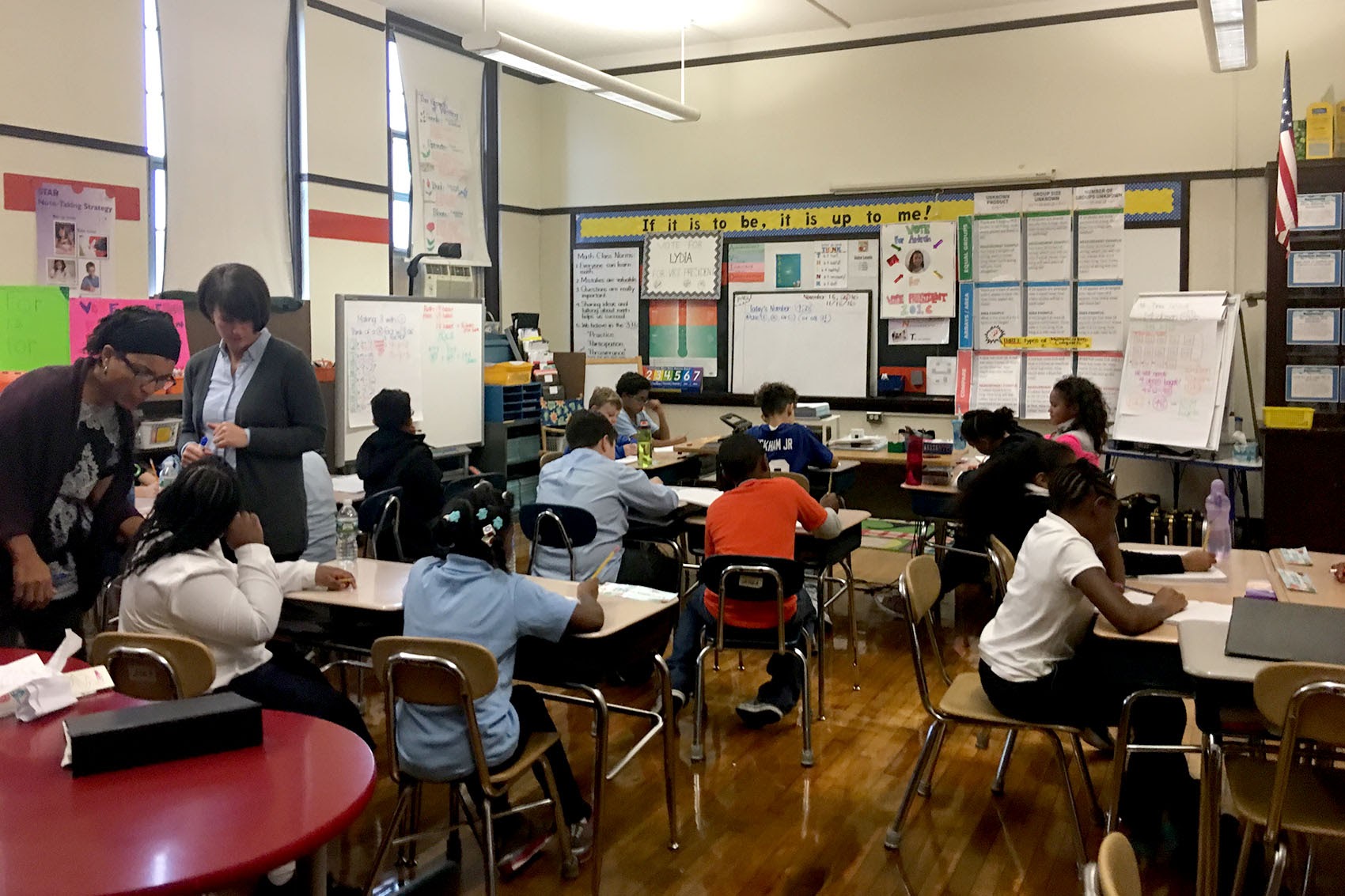 Teachers at Phineas Bates Elementary School, as in this fourth-grade classroom, don't bring up the election but do listen to students who want to talk about it. (Tonya Mosley/WBUR)