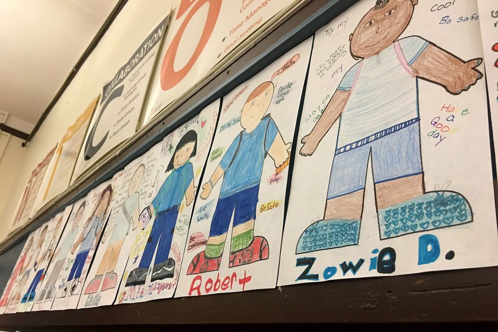 Students' self-portraits at Bates Elementary reflect the diversity of the school's population. (Tonya Mosley/WBUR)