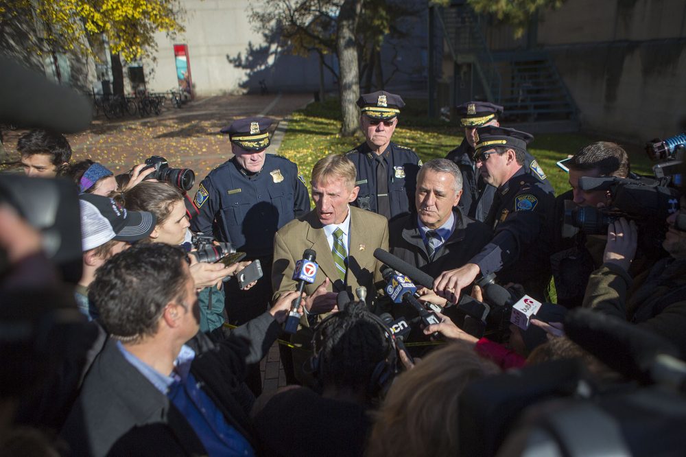 Boston Police Commissioner William Evans speaks to the press outside BU's Mugar Library Friday. (Jesse Costa/WBUR)