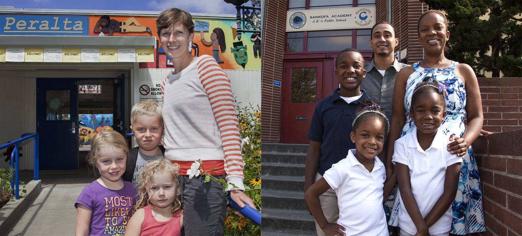 Eleanor Wohlfeiler (left) poses for a photo with her three children in front of Peralta Elementary School in Oakland. Kristin Smith (right) and her family outside Sankofa Academy in Oakland. (Brittany Hosea-Small/KQED)