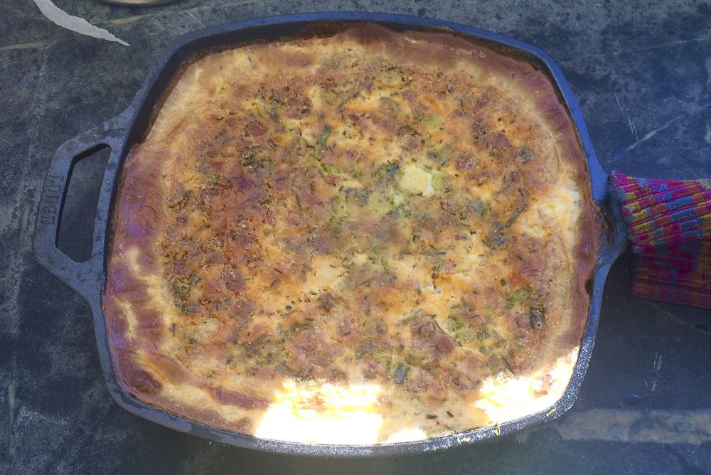 Kathy's breakfast sausage and buttermilk-chive skillet corn bread casserole. (Kathy Gunst for Here &amp;amp; Now)
