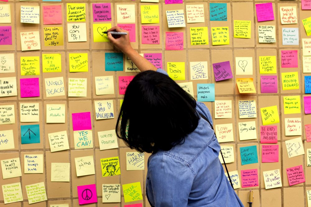 Collectively, Subway Therapy Boston received about 2,500 Post-it notes as it was set up in the Park Street and Harvard Square T stations on Nov. 11 and 18. (Courtesy Alan Fang)