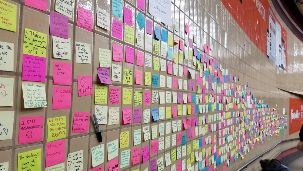 The Subway Therapy Boston art project only lasted for eight hours spread over two nights. But now the collection of Post-it notes is being put online. (Courtesy Ani Krishnan)