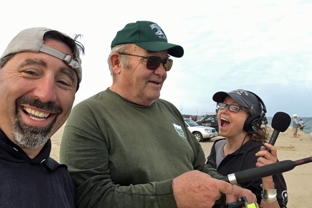 Paul Schultz (center) with Here &amp;amp; Now's Robin Young and another angler on Martha's Vineyard. (Courtesy George Lucozzi)