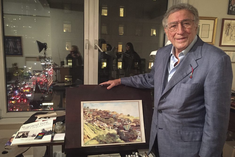 Tony Bennett with some of his artwork in his Central Park South studio in New York. (Robin Young/Here &amp; Now)