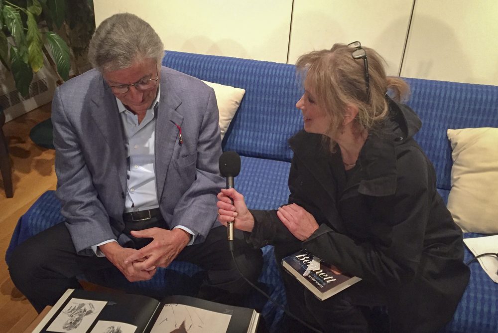 Here &amp; Now's Robin Young speaking with Tony Bennett in his Central Park South studio in New York. (Karyn Miller-Medzon/Here &amp; Now)