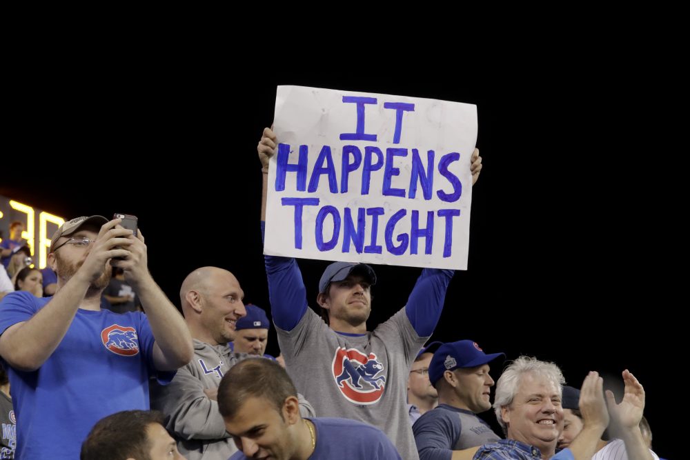 A Chicago Cubs fan holds up a sign during the eighth inning of Game 7. (Charlie Riedel/AP)