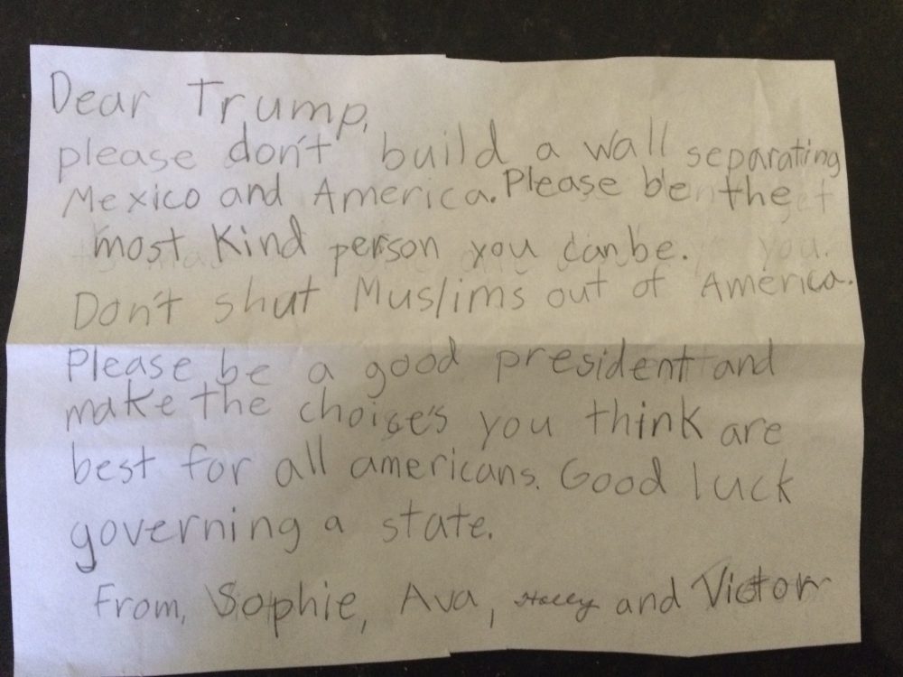 This photo provided by her family shows a letter 7-year-old Sophie Hoerst wrote to President-elect Donald Trump shortly after the election. Hoerst lives in Mt. Holly, N.C. (Hoerst family/AP)
