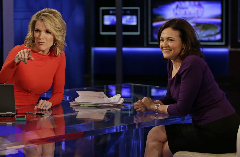 Sheryl Sandberg, chief operating officer of Facebook, right, smiles after a news interview with Megyn Kelly, left, on the show, The Kelly File, on the FOX News Channel, Wednesday, April 9, 2014, in New York. (AP Photo/Frank Franklin II)
