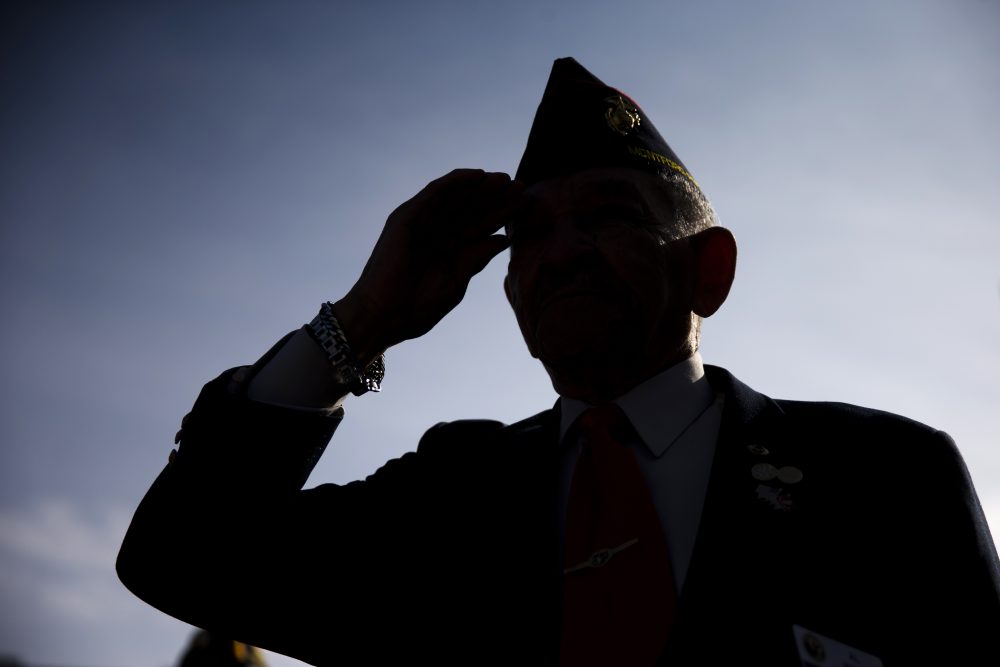 Al Willis, a Montford Point Marine, salutes during a ceremony on Veterans Day, Tuesday, Nov. 11, 2014, at the The All Wars Memorial to Colored Soldiers and Sailors in Philadelphia. (Matt Rourke/AP)