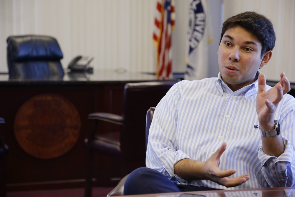 In this file photo, Fall River Mayor Jasiel Correia has a conversation in his city hall office. (Stephan Savoia/AP)
