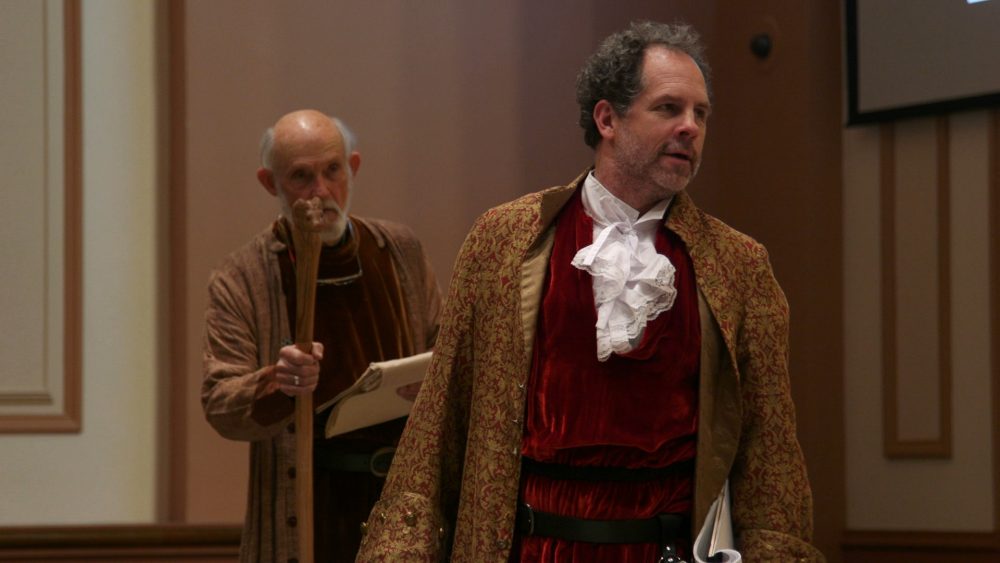 David Gullette rehearses as Merlin and Benjamin Evett as King Arthur. (Courtesy Poets' Theatre)
