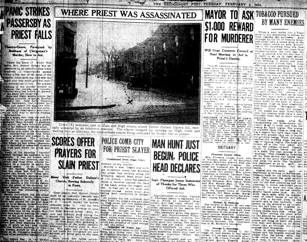 The Bridgeport Post from Feb. 5, 1924, the day after Father Hubert Dahme was murdered. (Courtesy Bridgeport Public Library)