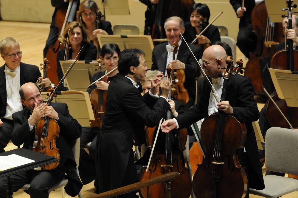 Yo-Yo Ma and Jules Eskin with the Boston Symphony Orchestra in 2011. (Courtesy Stu Rosner/BSO)
