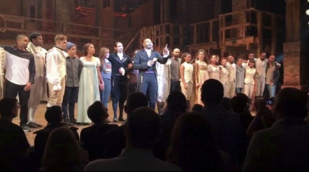 Playhouses have never been exempt from the political currents that swirl outside their walls, writes Jeffrey S. Ravel. 
Pictured: In this image made from a video provided by Hamilton LLC, actor Brandon Victor Dixon who plays Aaron Burr, the nation’s third vice president, in &quot;Hamilton,&quot; speaks from the stage after the curtain call in New York, Friday, Nov. 18, 2016. Vice President-elect Mike Pence is the latest celebrity to attend the Broadway hit &quot;Hamilton,&quot; but the first to get a sharp message from a cast member from the stage. (Hamilton LLC via AP)